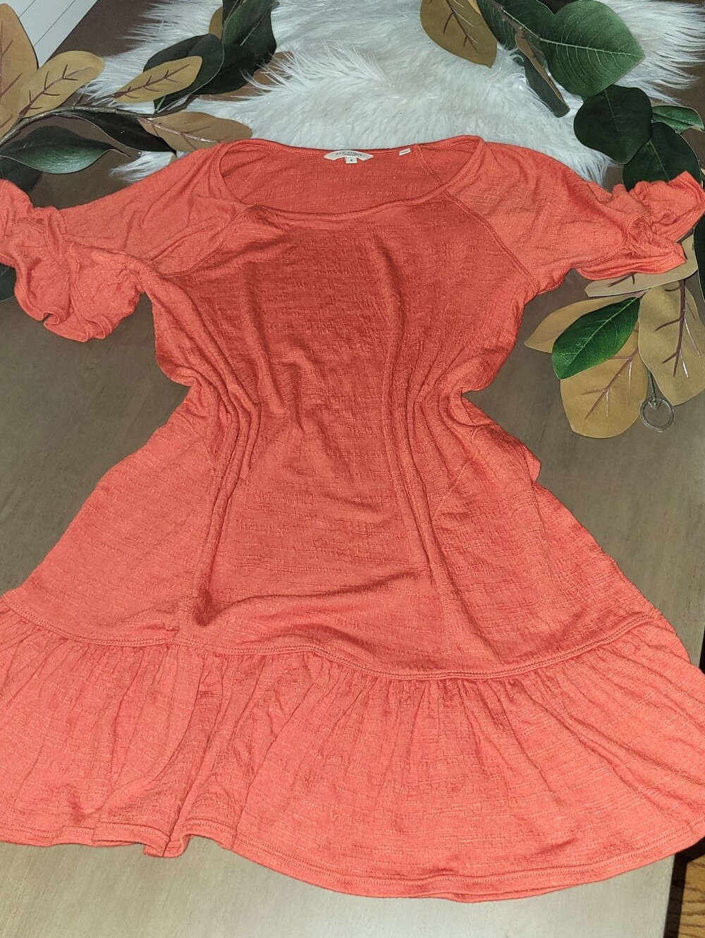MAX STUDIO Women’s Red Orange Short-Sleeve Ruffle Dress Stretchy Small Loose Fit